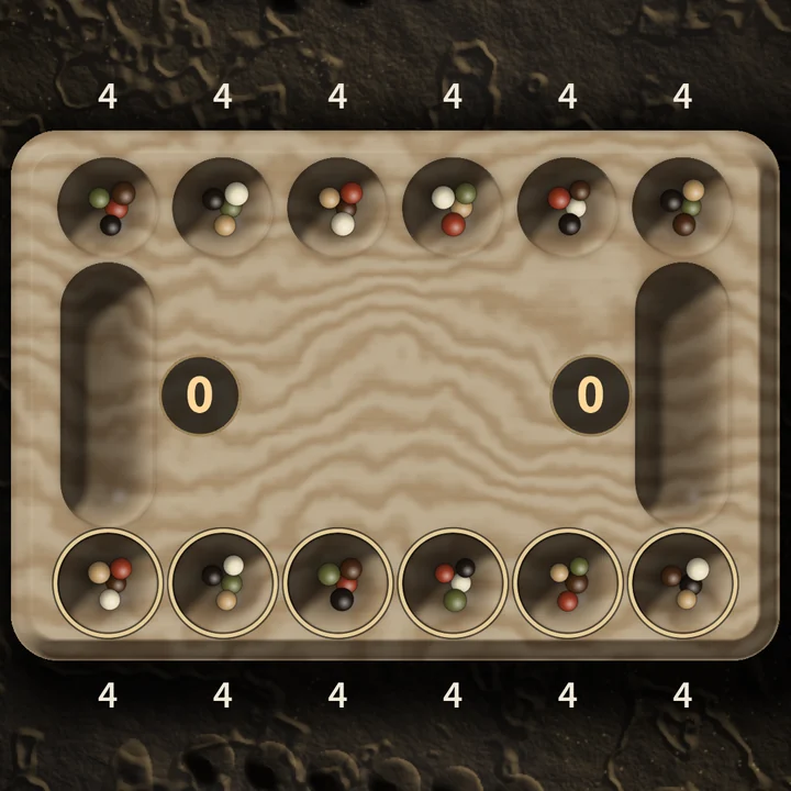 The carved mancala board every player starts with